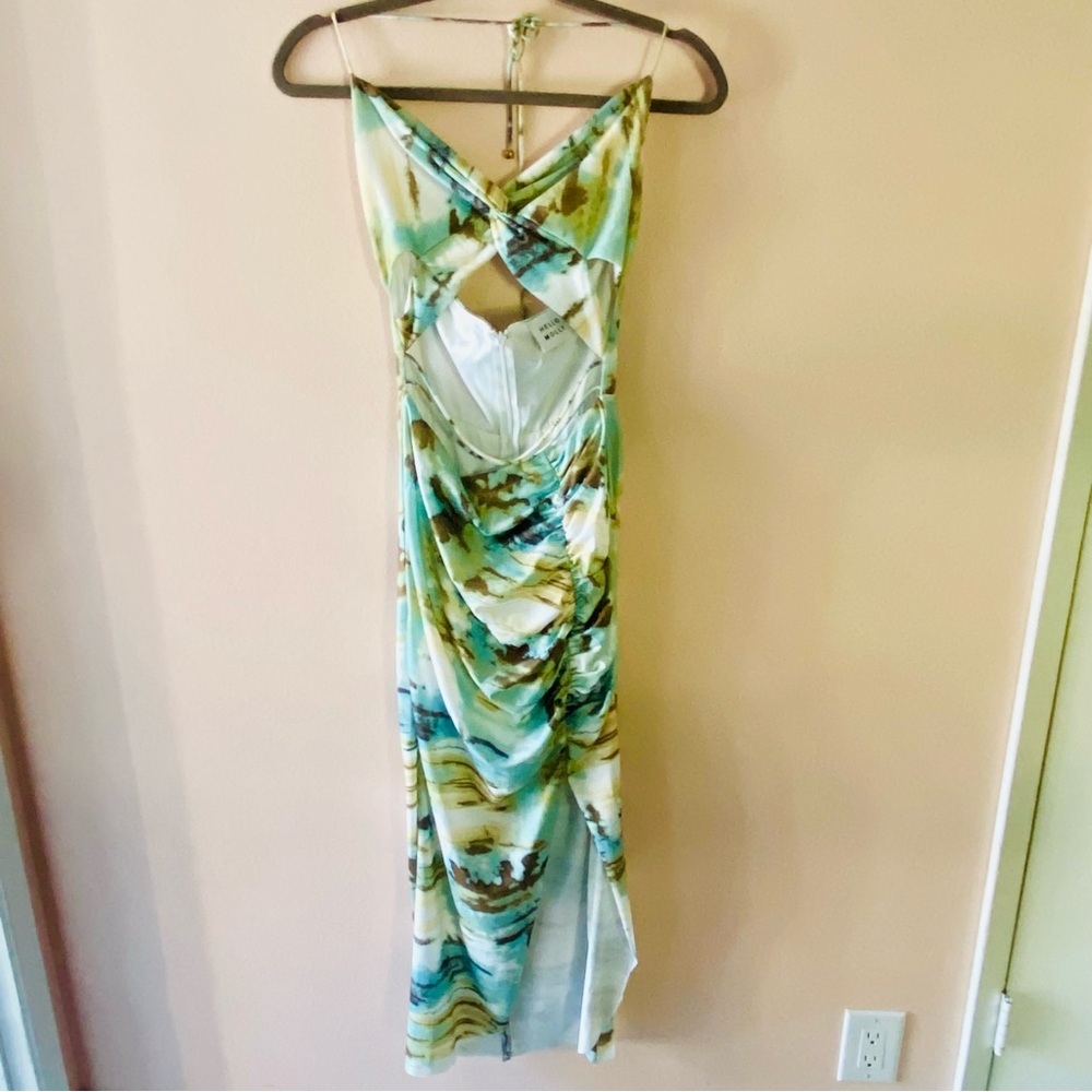 HELLO MOLLY GREEN BLUE MARBLE CUT OUT TIE NECK MAXI DRESS WITH SIDE SLIT…